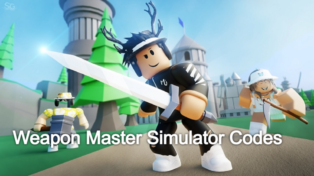 Roblox Weapon Masters logo and in-game weapons.