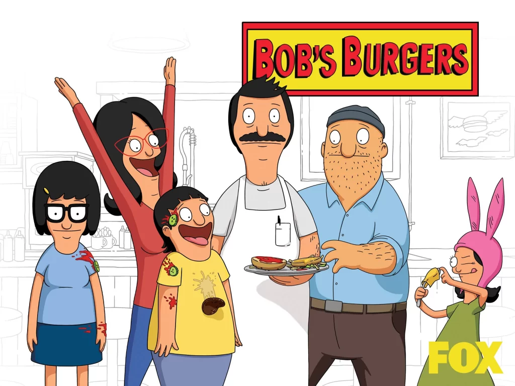Bob's Burgers Season 14: Belcher family with burgers, representing the show's quirky and comedic nature.