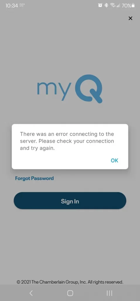 MyQ Error Cannot Connect To Server