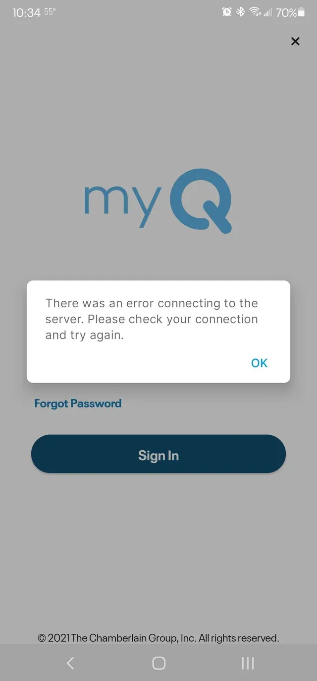 MyQ Error Cannot Connect To Server