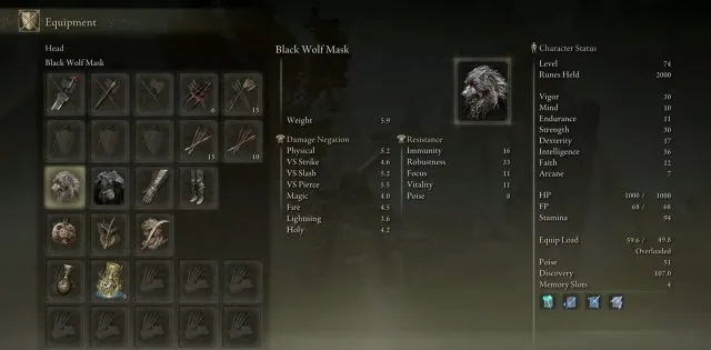 Black Wolf Mask stats.