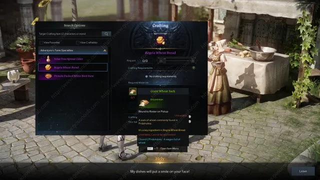 Talking to the cook opens the crafting menu.