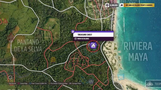 The treasure location on the map.