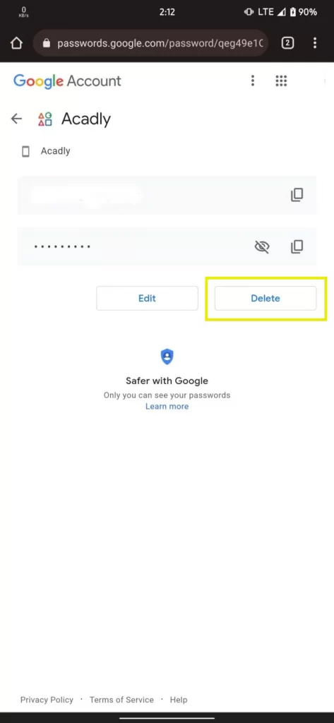 Account credentials page where the option for delete is present