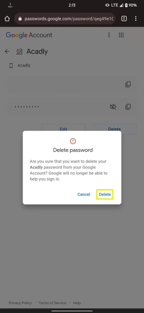 Deleting password page where youre asked to confirm if you want to delete or not.