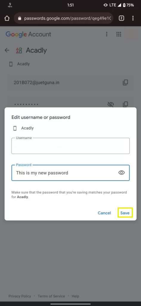 Editing password page where the password can be edited.