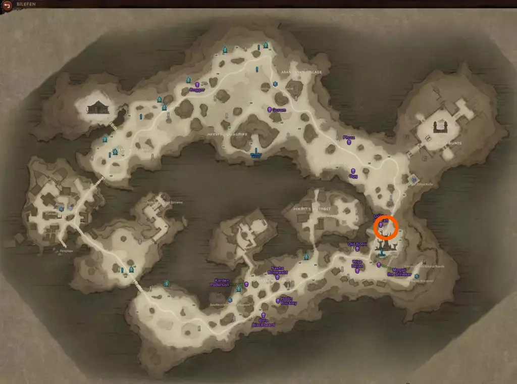 The green circle is Gobbo the Talls location while the red dots near him are the chests locations