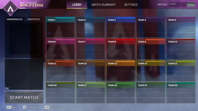 The Custom Lobby screen in Apex Legends.