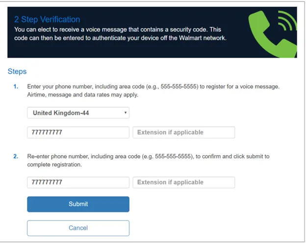 Registration for Walmart One 2 Step Verification