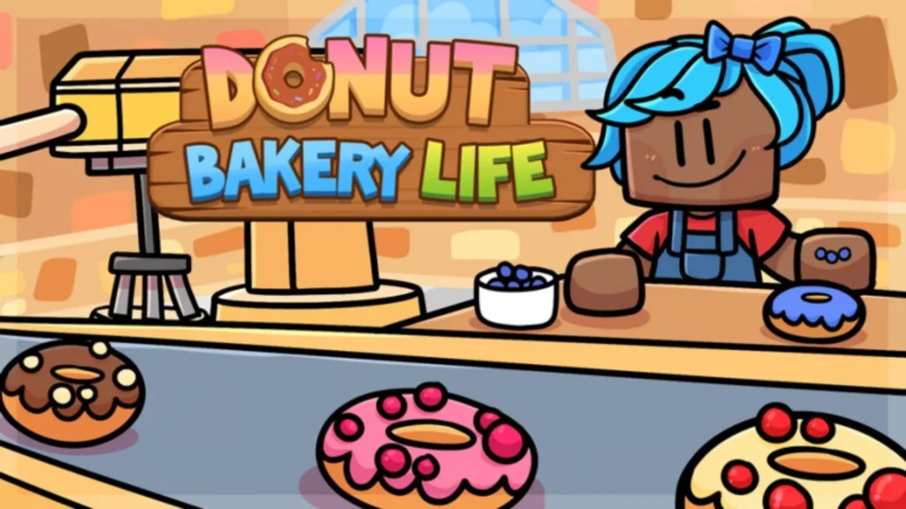 An illustration of a virtual donut bakery with colorful donuts and happy customers.